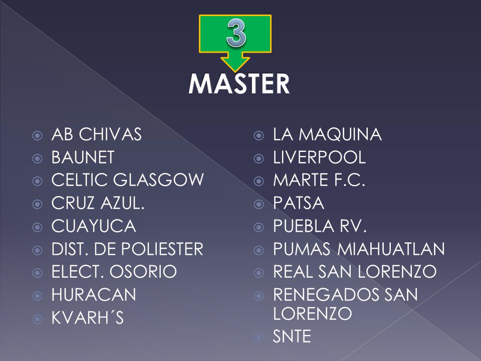 3 MASTER AB CHIVAS BAUNET CELTIC GLASGOW CRUZ AZUL. CUAYUCA