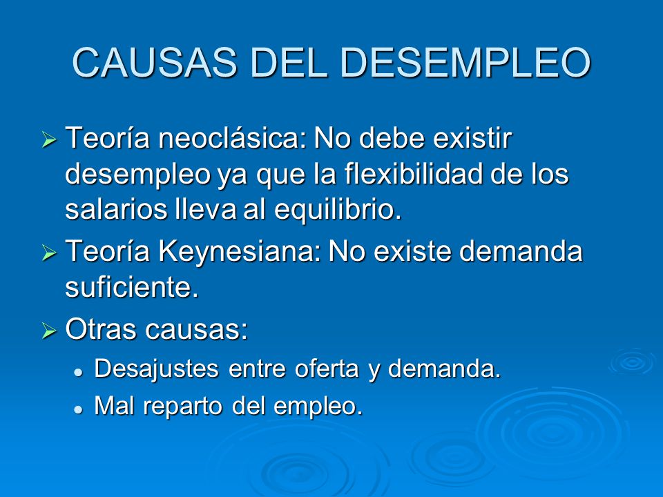 CAUSAS DEL DESEMPLEO Teoría neoclásica: No debe existir desempleo ya que la flexibilidad de los salarios lleva al equilibrio.