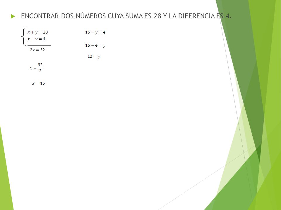 ENCONTRAR DOS NÚMEROS CUYA SUMA ES 28 Y LA DIFERENCIA ES 4.