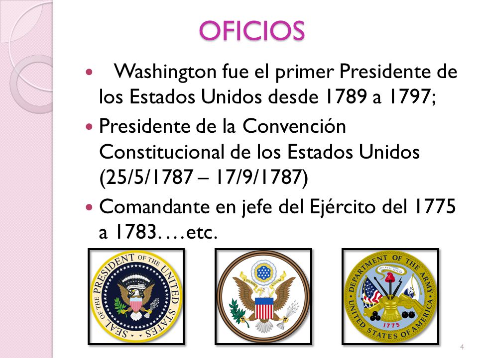 OFICIOS Washington fue el primer Presidente de los Estados Unidos desde 1789 a 1797;