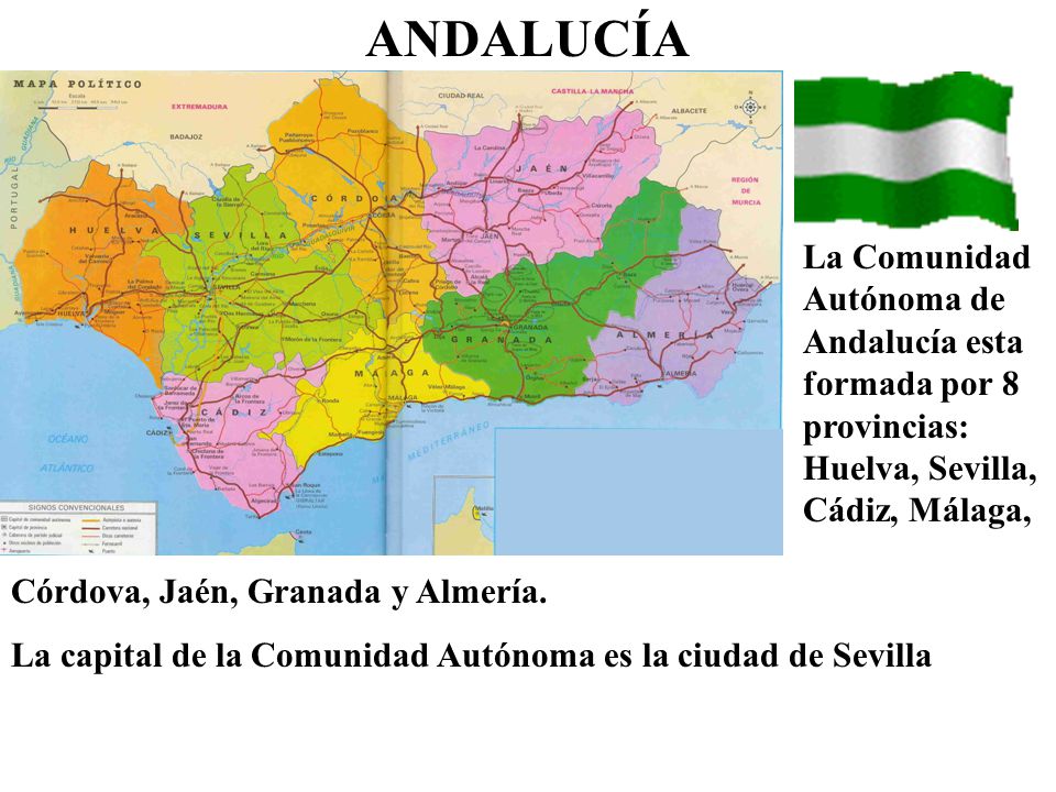 ANDALUCÍA La Comunidad Autónoma de Andalucía esta formada por 8 provincias: Huelva, Sevilla, Cádiz, Málaga,