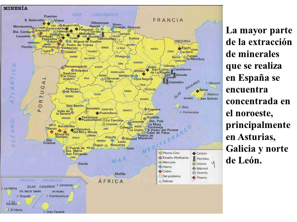La mayor parte de la extracción de minerales que se realiza en España se encuentra concentrada en el noroeste, principalmente en Asturias, Galicia y norte de León.