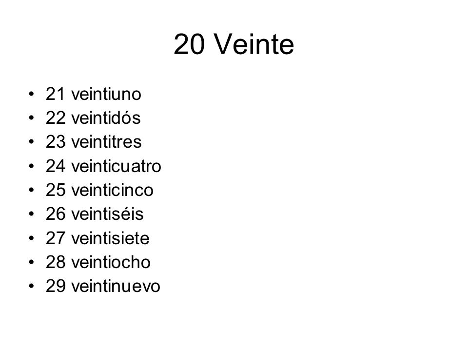 20 Veinte 21 veintiuno 22 veintidós 23 veintitres 24 veinticuatro