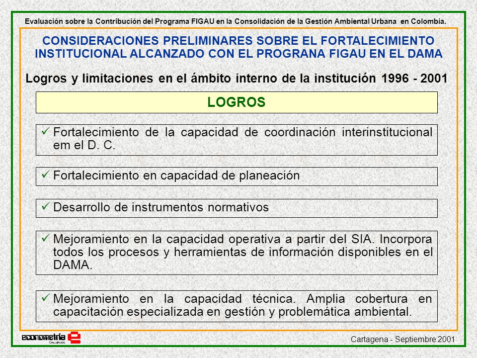 Evaluación sobre la Contribución del Programa FIGAU en la Consolidación de la Gestión Ambiental Urbana en Colombia.