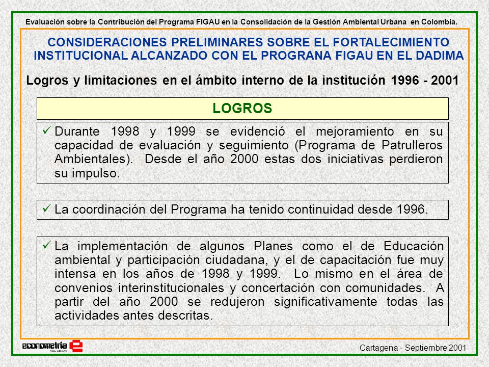 Evaluación sobre la Contribución del Programa FIGAU en la Consolidación de la Gestión Ambiental Urbana en Colombia.