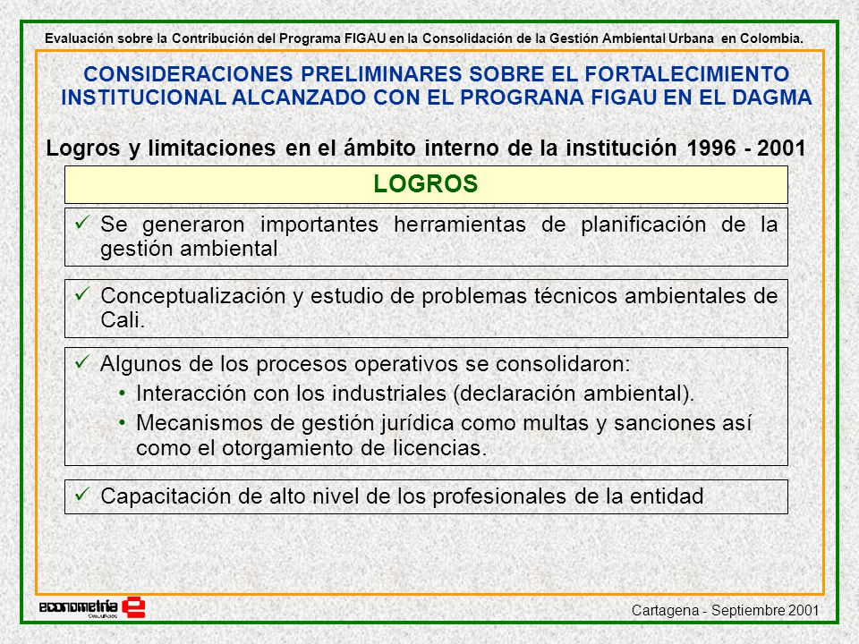 Evaluación sobre la Contribución del Programa FIGAU en la Consolidación de la Gestión Ambiental Urbana en Colombia.