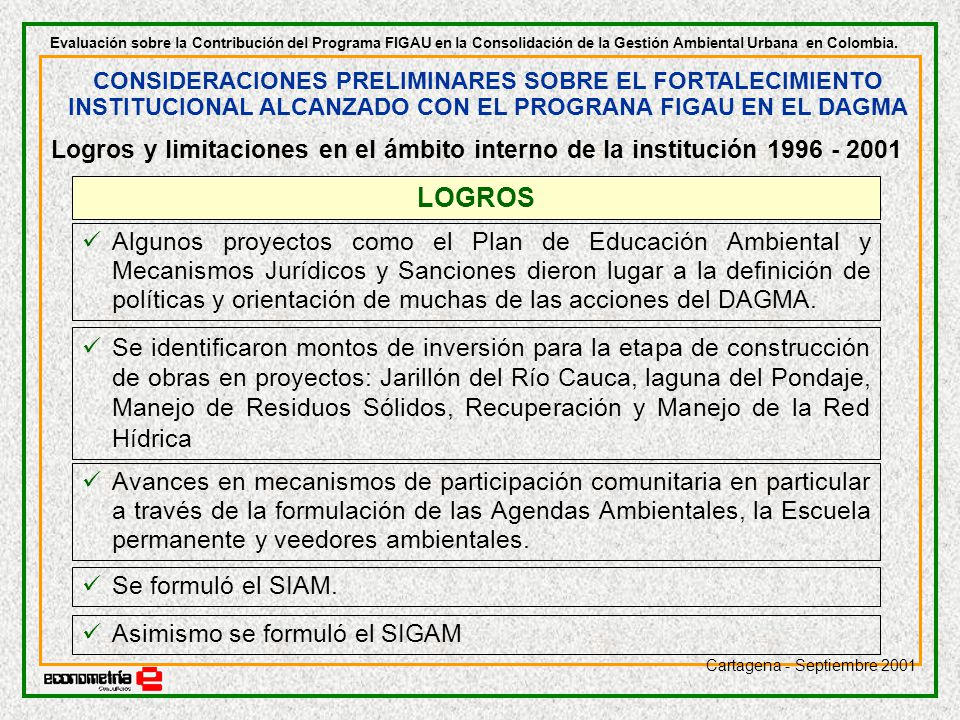 Evaluación sobre la Contribución del Programa FIGAU en la Consolidación de la Gestión Ambiental Urbana en Colombia.