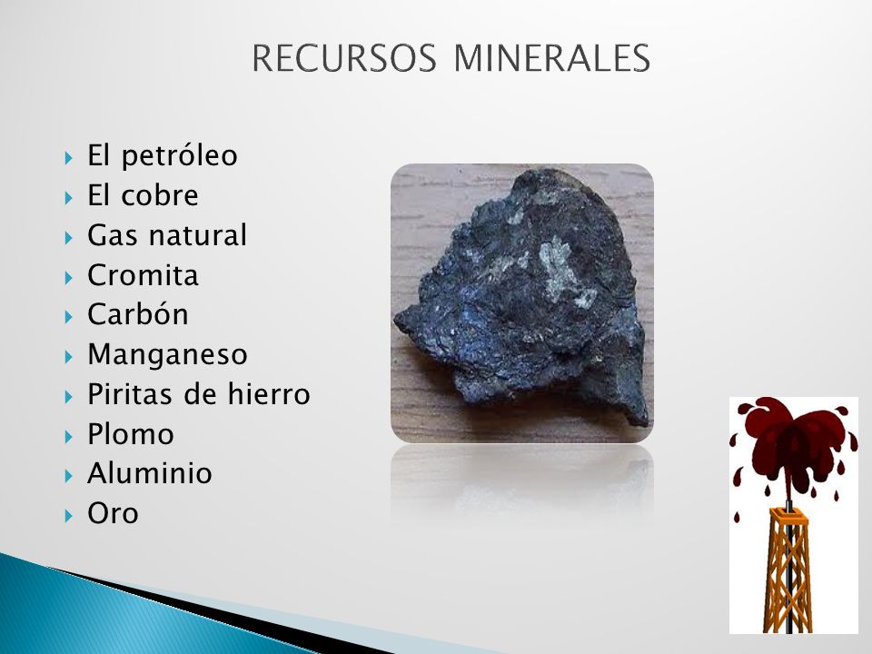 RECURSOS MINERALES El petróleo El cobre Gas natural Cromita Carbón