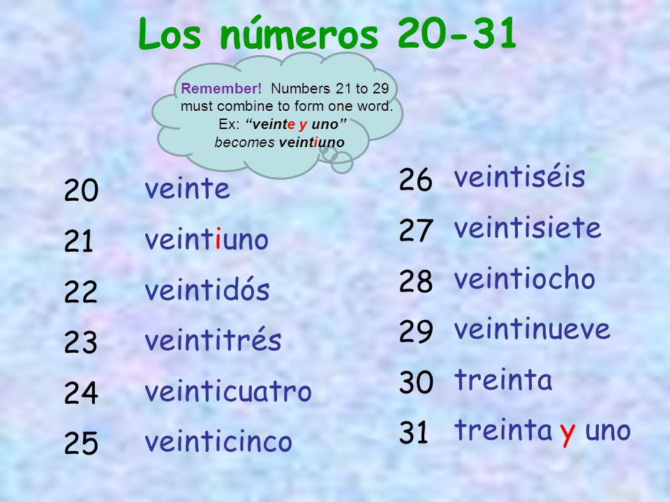 Los números veintiséis 26 veinte 20 veintisiete 27 veintiuno 21