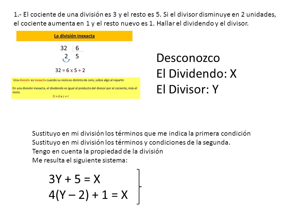 Desconozco El Dividendo: X El Divisor: Y 3Y + 5 = X 4(Y – 2) + 1 = X
