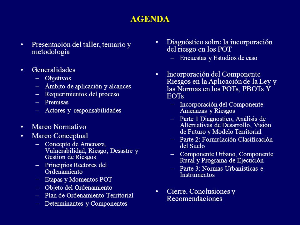 AGENDA Diagnóstico sobre la incorporación del riesgo en los POT