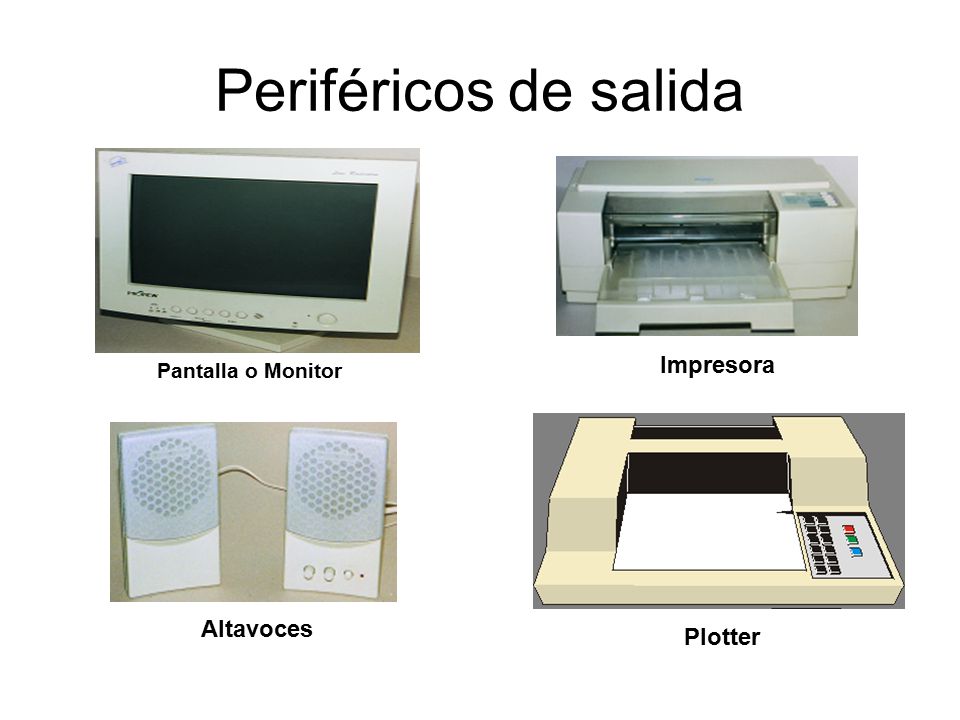 Periféricos de salida Impresora Pantalla o Monitor Altavoces Plotter