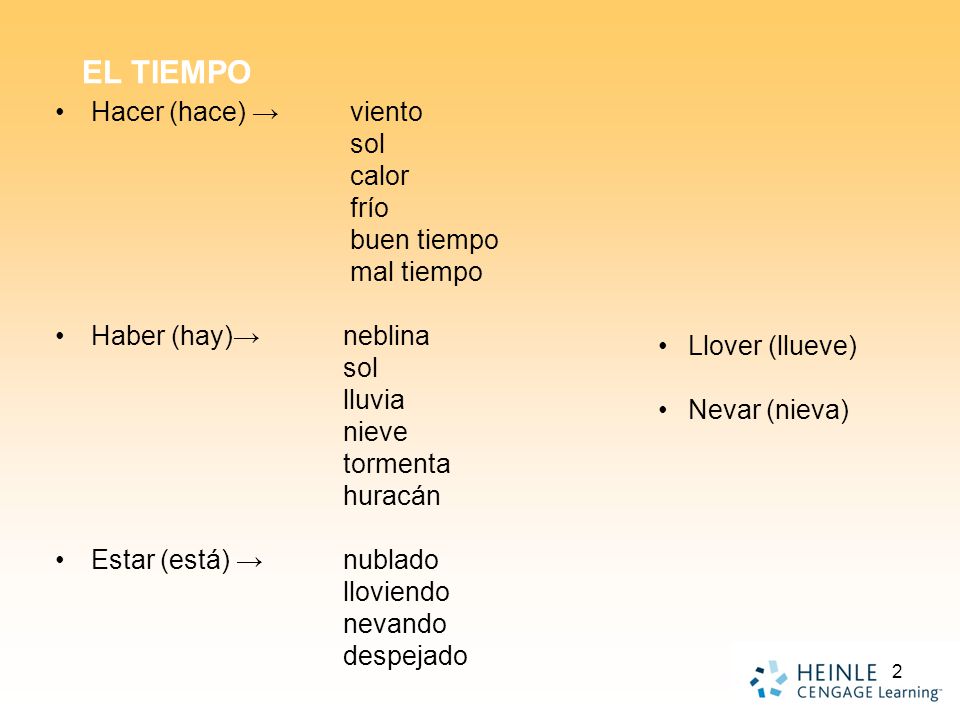 EL TIEMPO Hacer (hace) → viento sol calor frío buen tiempo mal tiempo