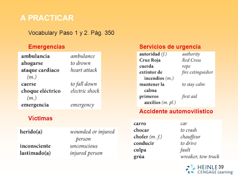 A PRACTICAR Vocabulary Paso 1 y 2. Pág. 350 Emergencias Víctimas