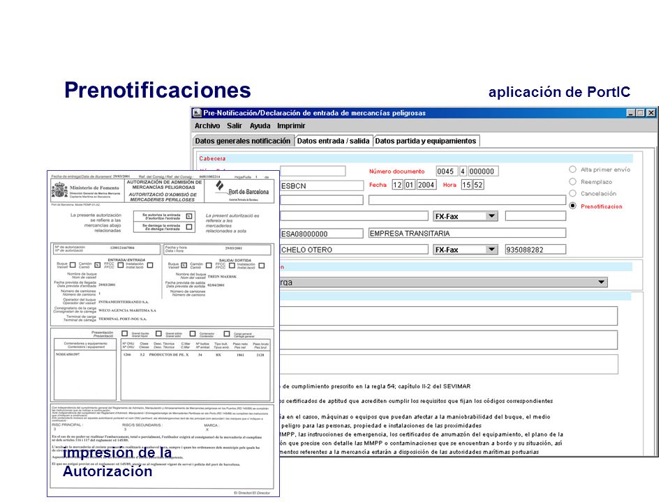 Prenotificaciones aplicación de PortIC impresión de la Autorización