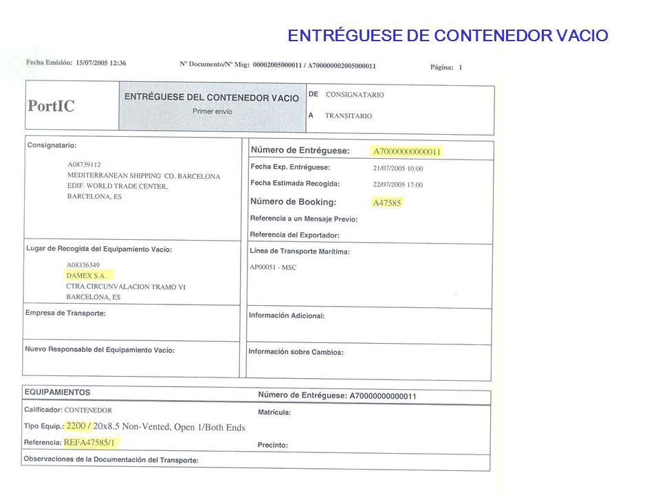 ENTRÉGUESE DE CONTENEDOR VACIO