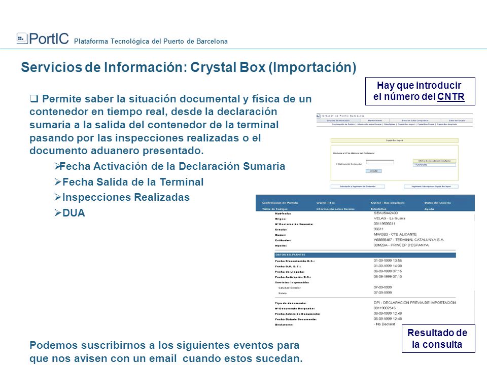 Hay que introducir el número del CNTR Resultado de la consulta