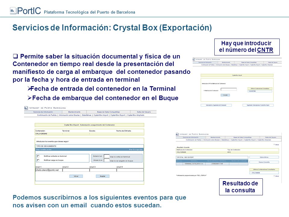 Hay que introducir el número del CNTR Resultado de la consulta