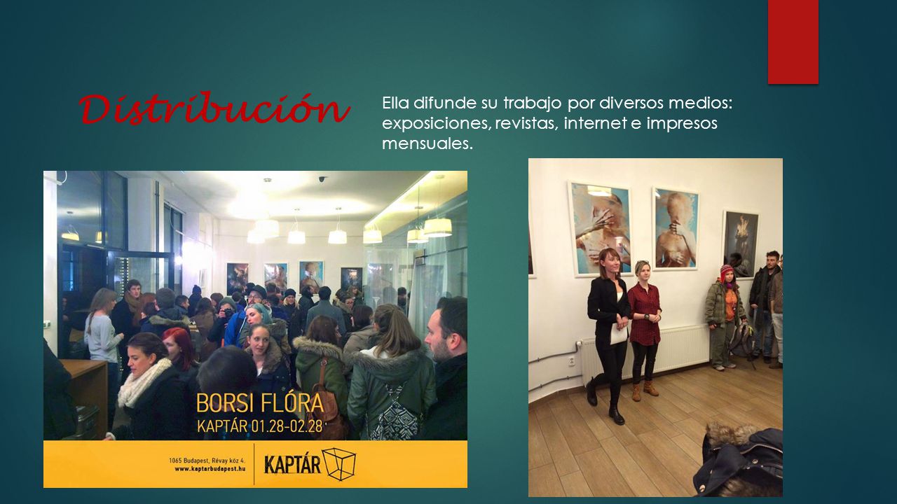Distribución Ella difunde su trabajo por diversos medios: exposiciones, revistas, internet e impresos mensuales.