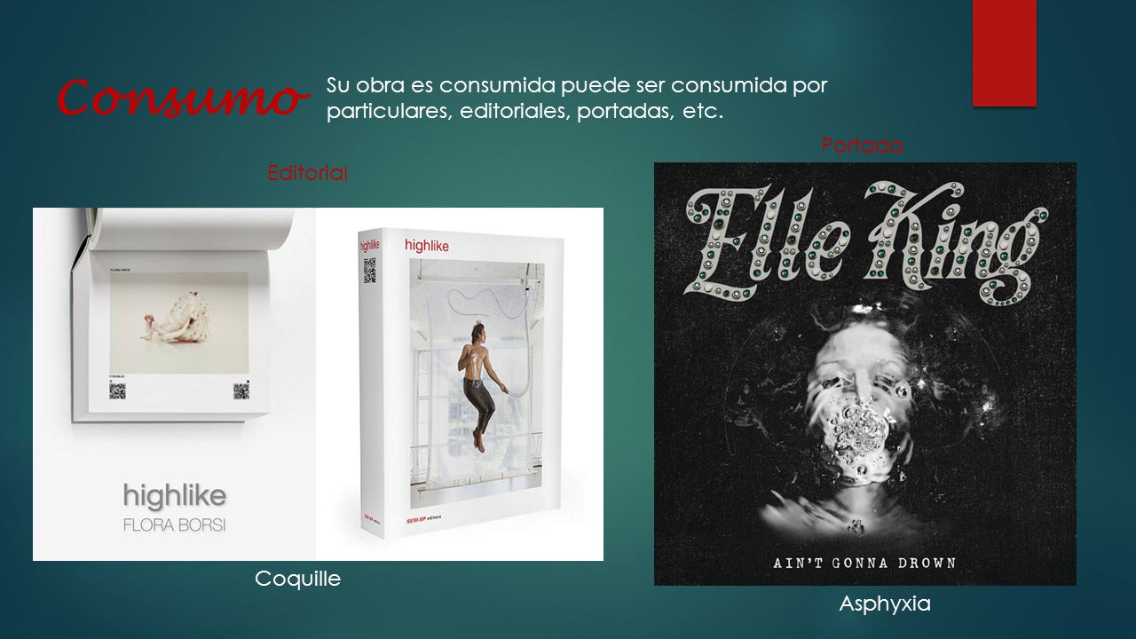 Consumo Su obra es consumida puede ser consumida por particulares, editoriales, portadas, etc. Portada.