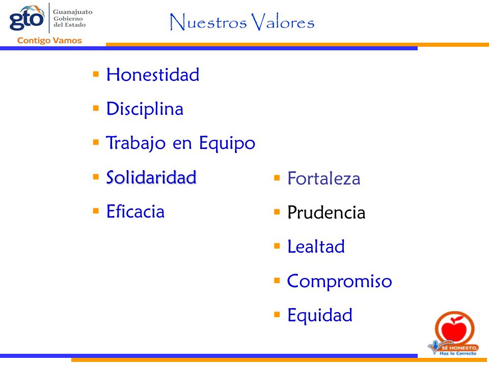 Nuestros Valores Honestidad. Disciplina. Trabajo en Equipo. Solidaridad. Eficacia. Fortaleza. Prudencia.