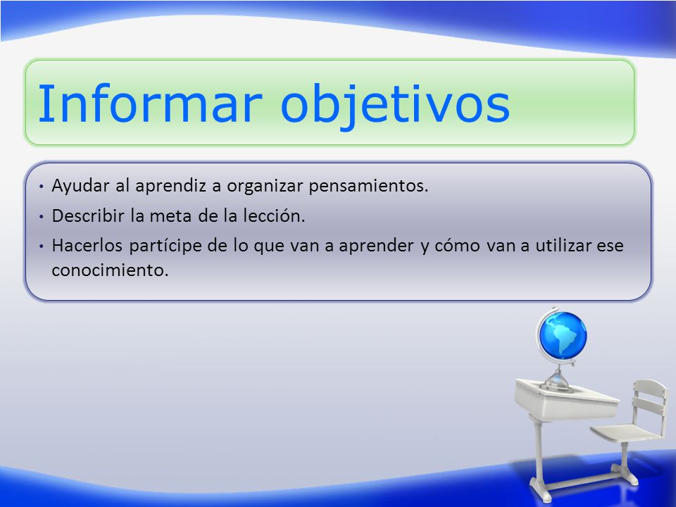 Informar objetivos Ayudar al aprendiz a organizar pensamientos.