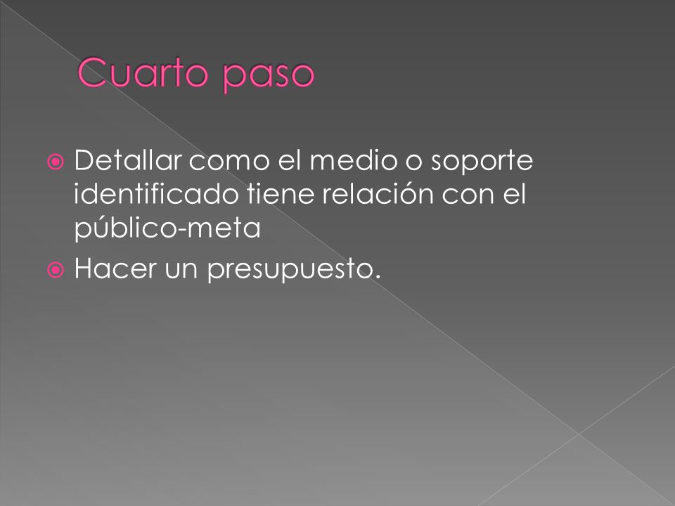 Cuarto paso Detallar como el medio o soporte identificado tiene relación con el público-meta.