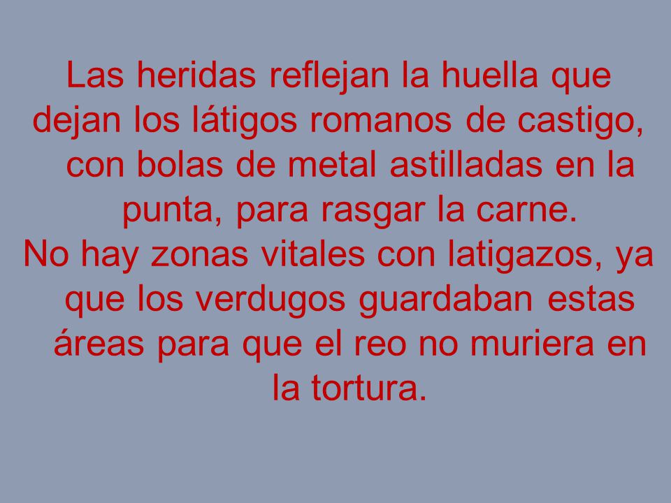 Las heridas reflejan la huella que dejan los látigos romanos de castigo, con bolas de metal astilladas en la punta, para rasgar la carne.