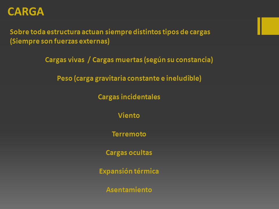 CARGA Sobre toda estructura actuan siempre distintos tipos de cargas (Siempre son fuerzas externas)