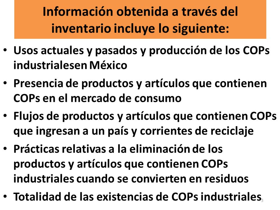 Información obtenida a través del inventario incluye lo siguiente:
