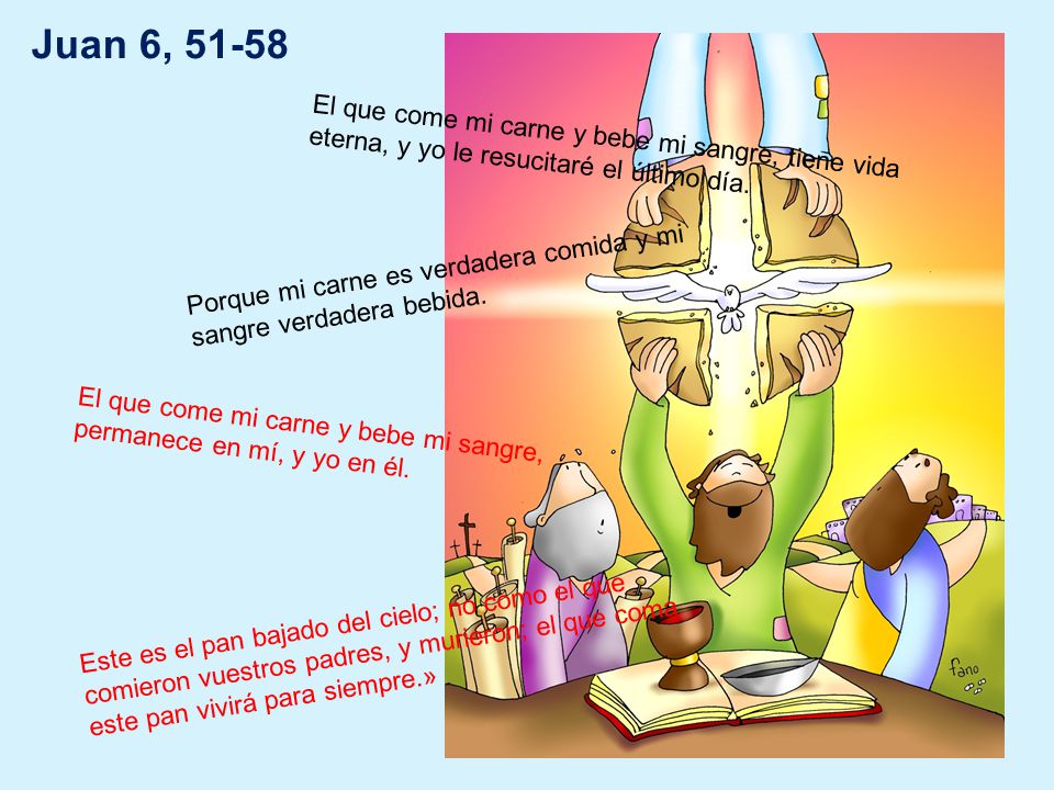Juan 6, El que come mi carne y bebe mi sangre, tiene vida eterna, y yo le resucitaré el último día.
