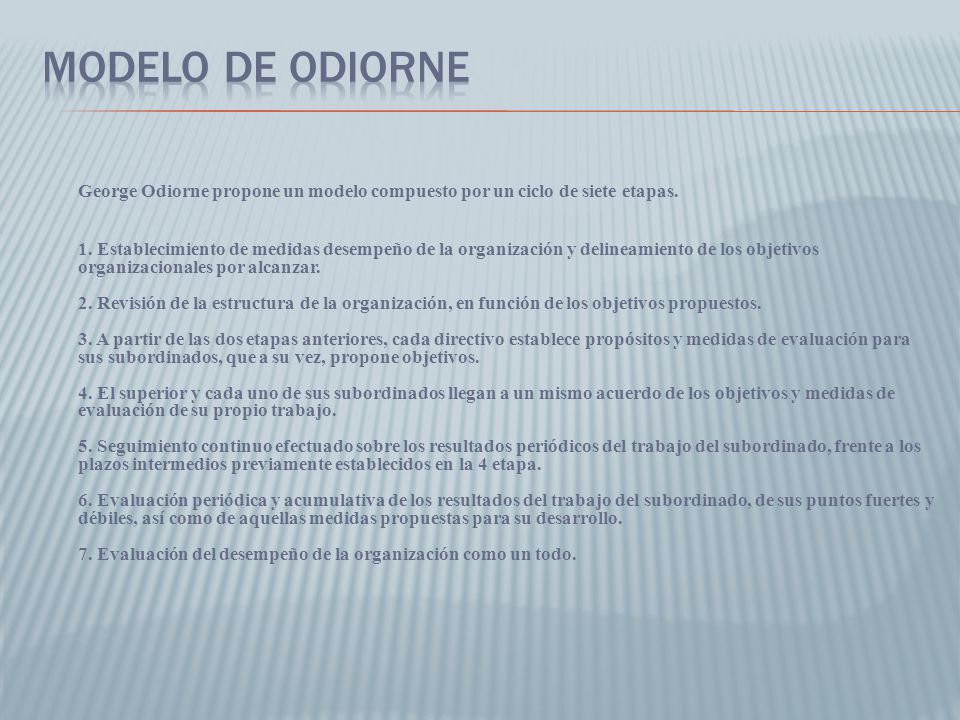 Modelo de ODIORNE George Odiorne propone un modelo compuesto por un ciclo de siete etapas.
