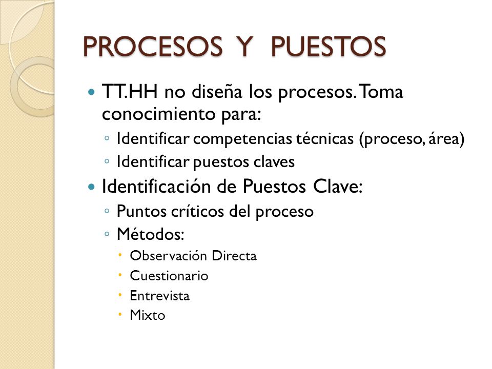 PROCESOS Y PUESTOS TT.HH no diseña los procesos. Toma conocimiento para: Identificar competencias técnicas (proceso, área)