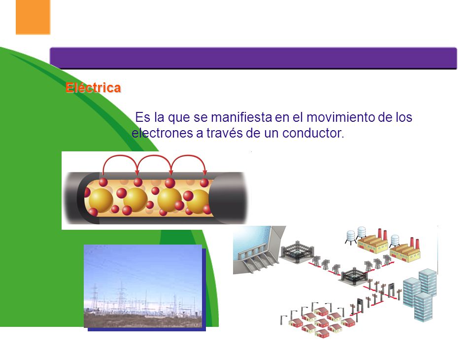 Eléctrica Es la que se manifiesta en el movimiento de los electrones a través de un conductor.