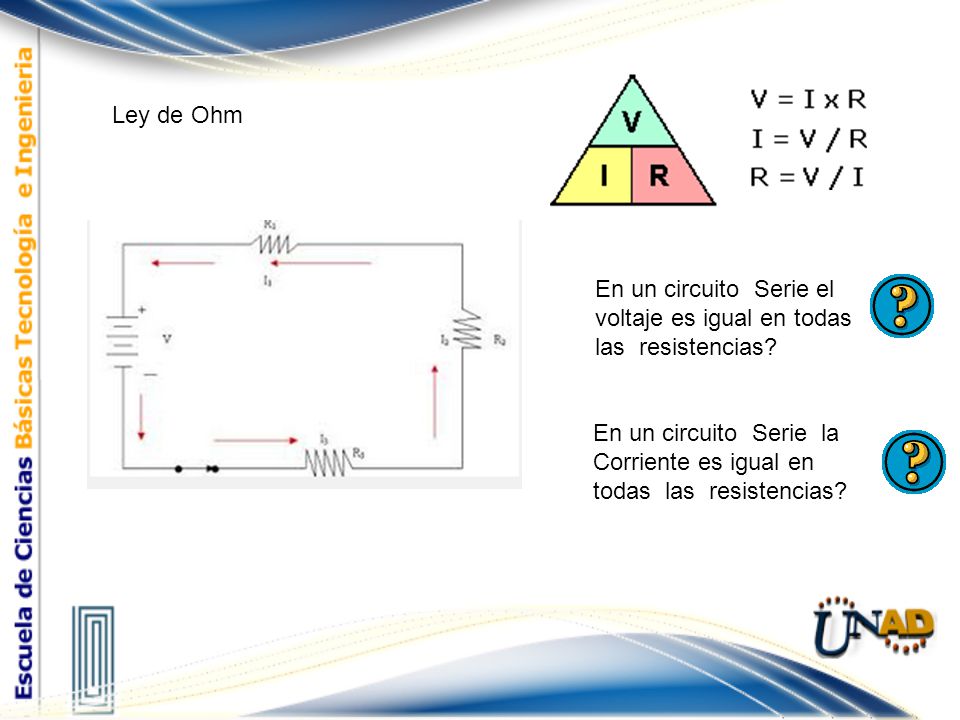 Ley de Ohm En un circuito Serie el voltaje es igual en todas las resistencias
