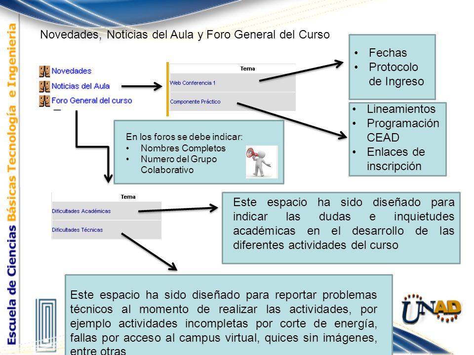 Novedades, Noticias del Aula y Foro General del Curso