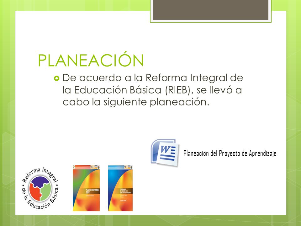 PLANEACIÓN De acuerdo a la Reforma Integral de la Educación Básica (RIEB), se llevó a cabo la siguiente planeación.