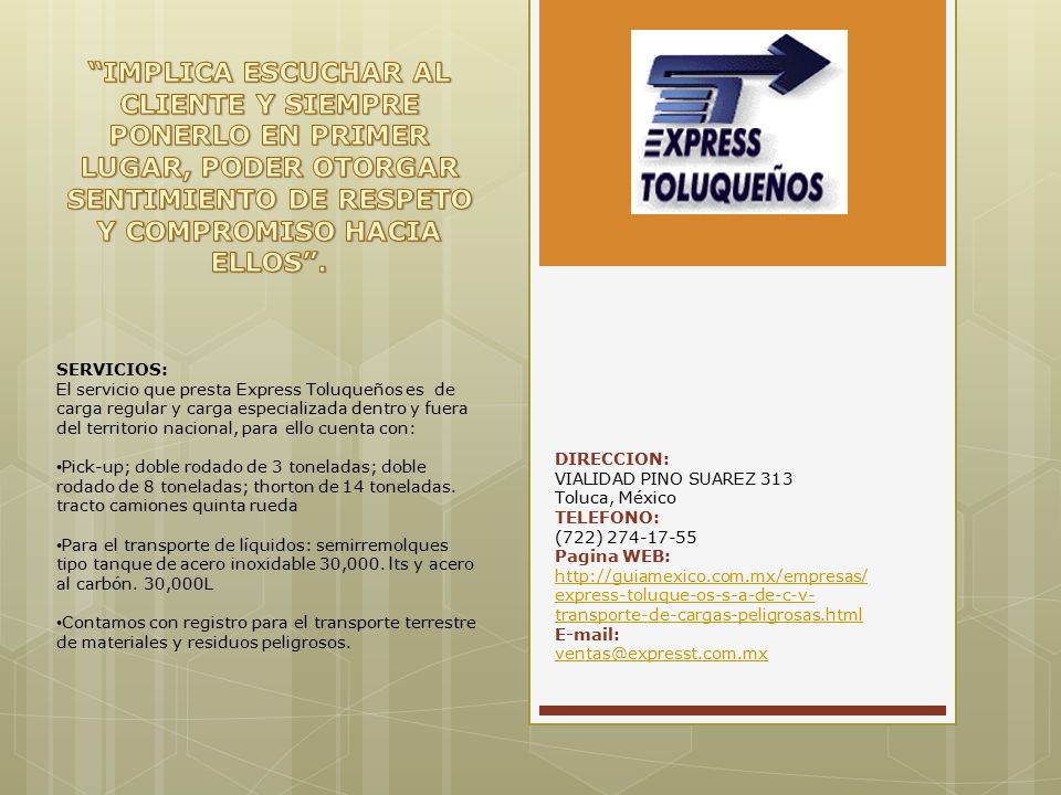 IMPLICA ESCUCHAR AL CLIENTE Y SIEMPRE PONERLO EN PRIMER LUGAR, PODER OTORGAR SENTIMIENTO DE RESPETO Y COMPROMISO HACIA ELLOS .