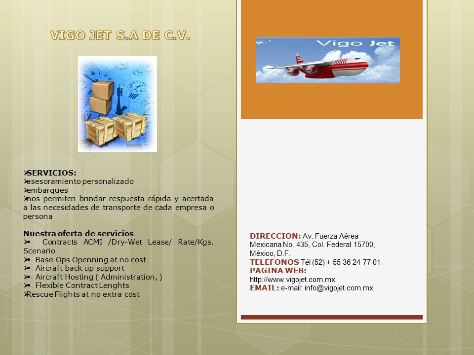 VIGO JET S.A DE C.V. SERVICIOS: asesoramiento personalizado embarques