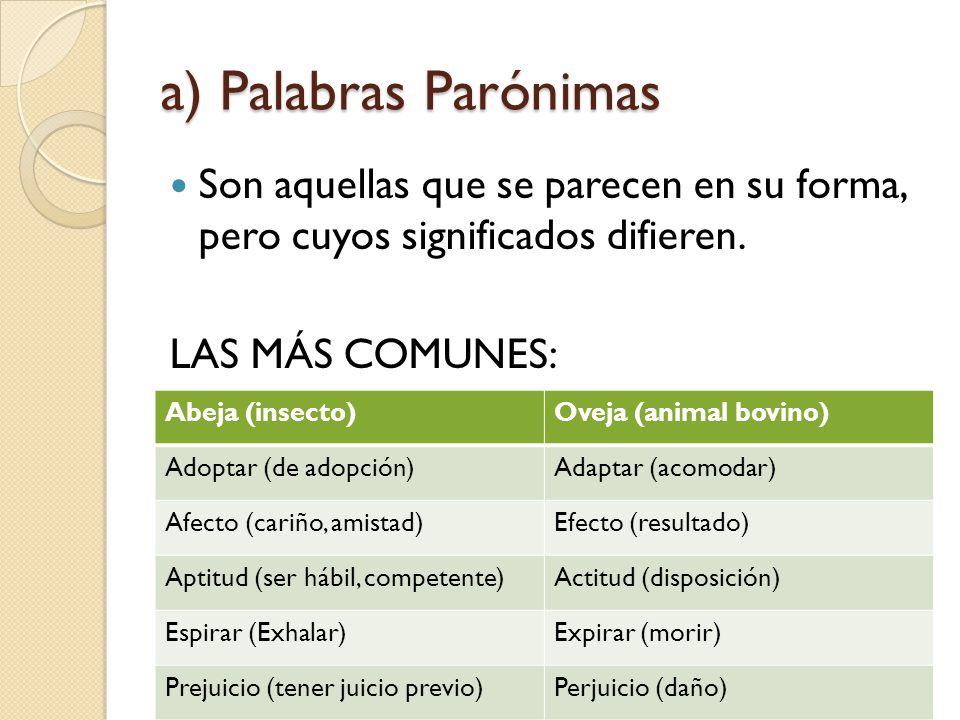 a) Palabras Parónimas Son aquellas que se parecen en su forma, pero cuyos significados difieren. LAS MÁS COMUNES: