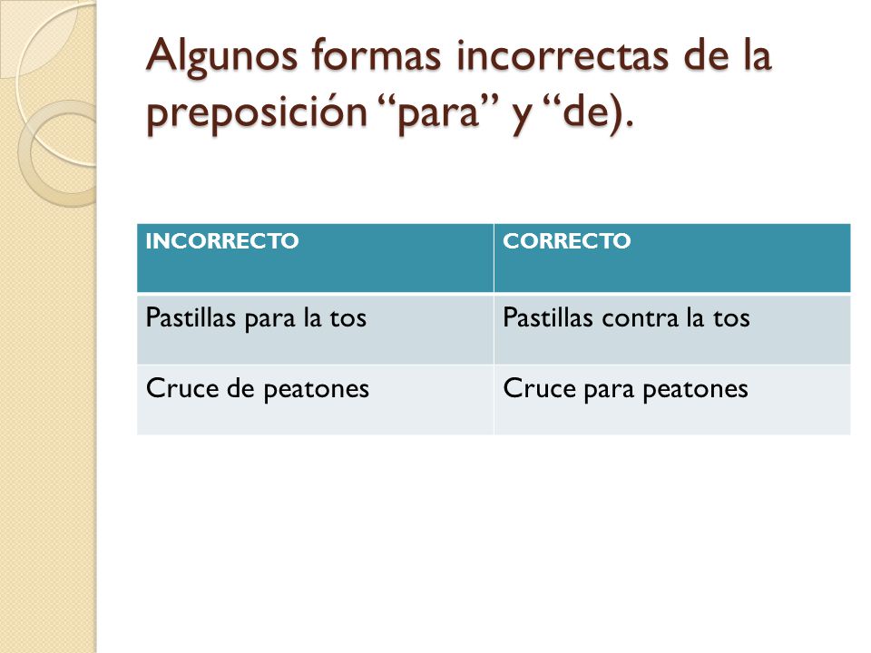 Algunos formas incorrectas de la preposición para y de).
