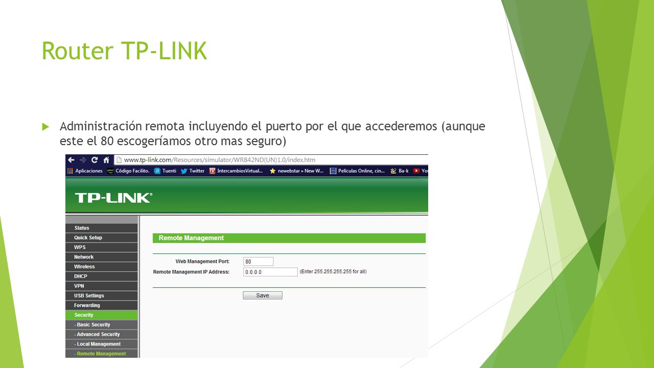 Router TP-LINK Administración remota incluyendo el puerto por el que accederemos (aunque este el 80 escogeríamos otro mas seguro)