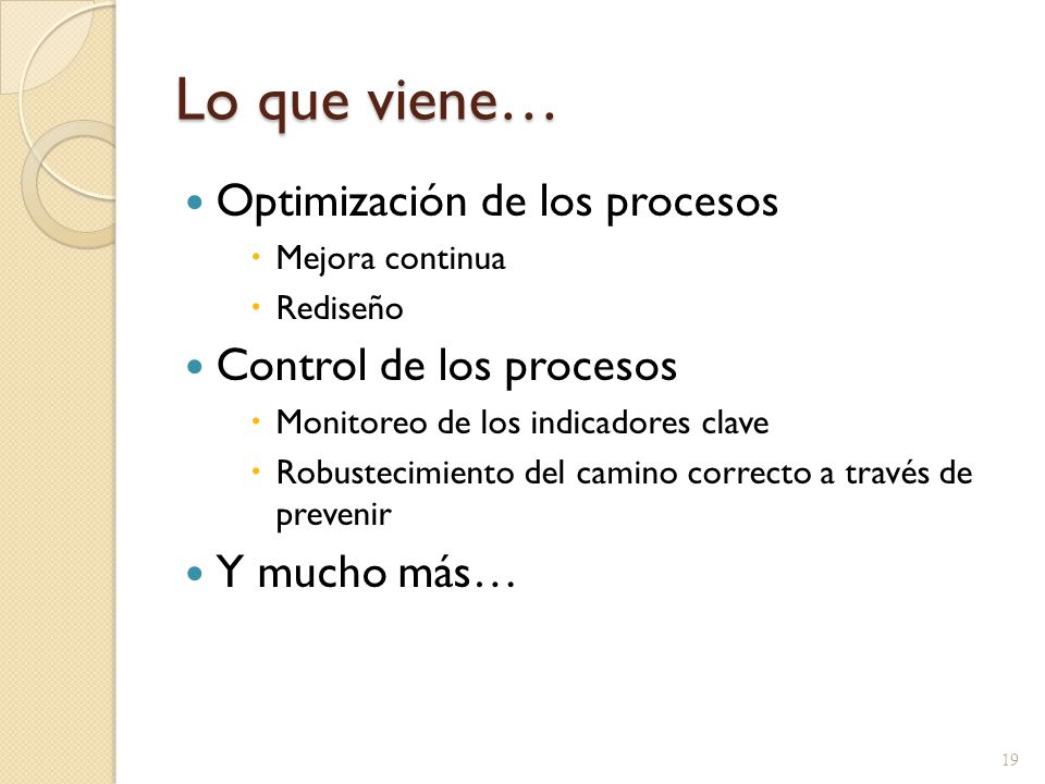 Lo que viene… Optimización de los procesos Control de los procesos