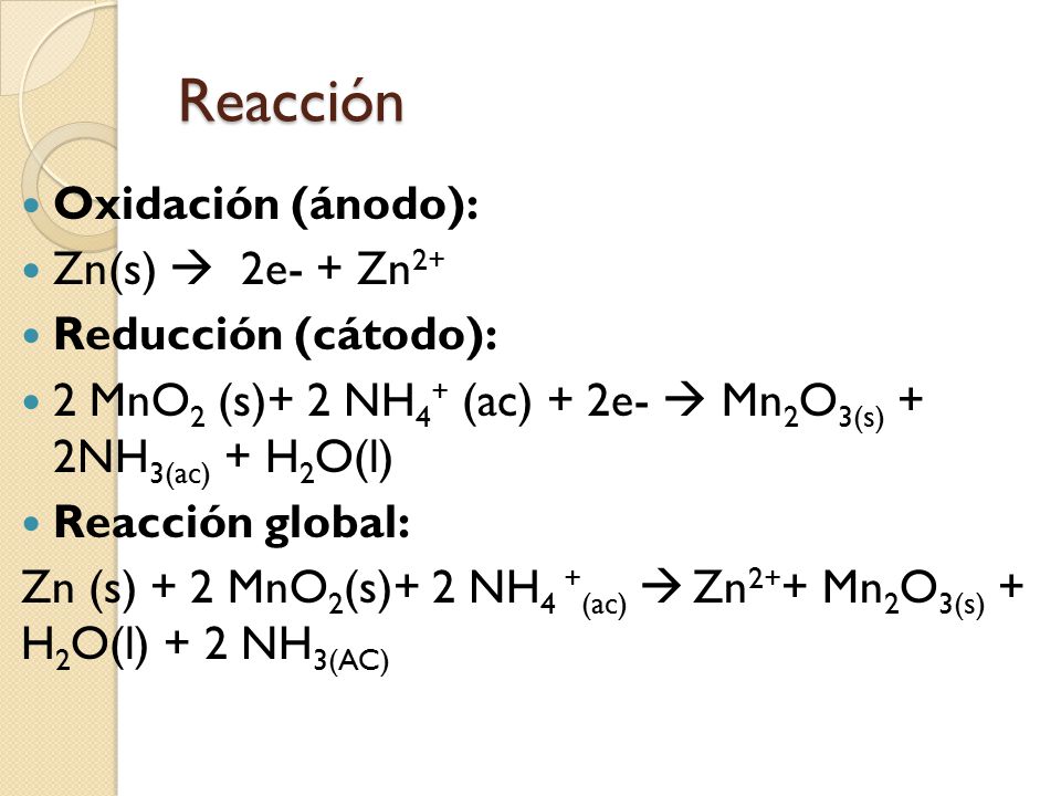 Reacción Oxidación (ánodo): Zn(s)  2e- + Zn2+ Reducción (cátodo):