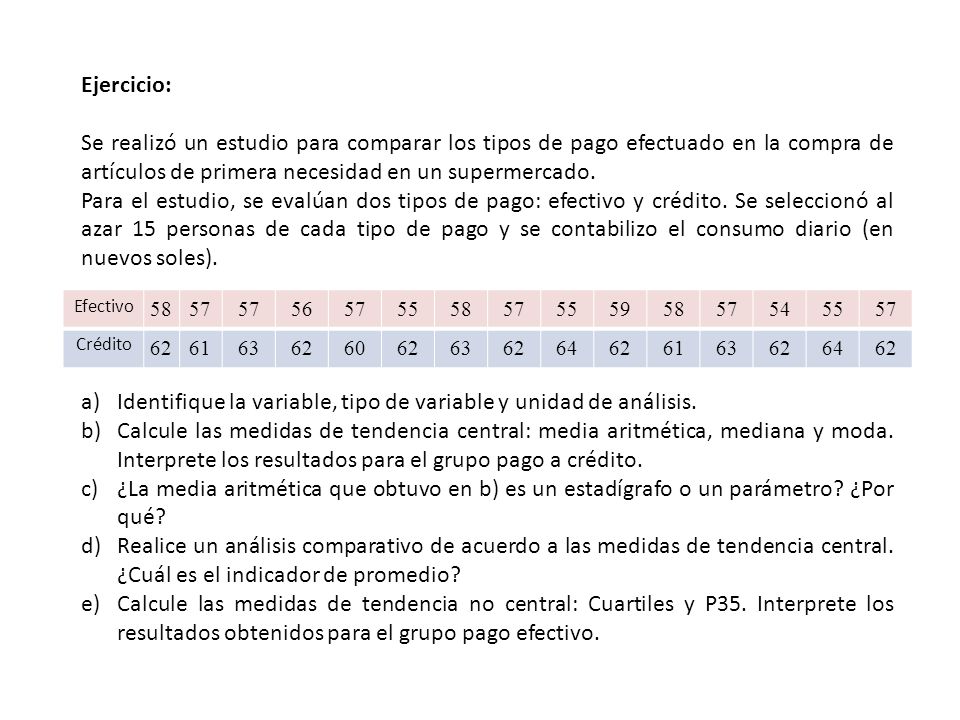 Identifique la variable, tipo de variable y unidad de análisis.