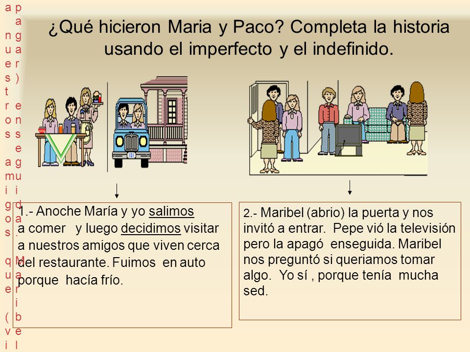 Anoche María y yo (salir) a y luego (decidir) visitar a nuestros amigos que (vivir) cerca restaurante. (Ir) en porque (hacer) frío.