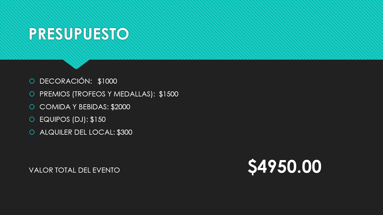 PRESUPUESTO DECORACIÓN: $1000 PREMIOS (TROFEOS Y MEDALLAS): $1500