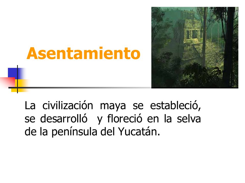 Asentamiento La civilización maya se estableció, se desarrolló y floreció en la selva de la península del Yucatán.