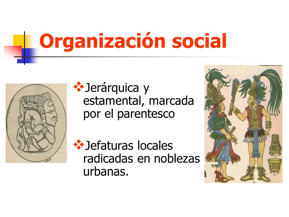 Organización social Jerárquica y estamental, marcada por el parentesco