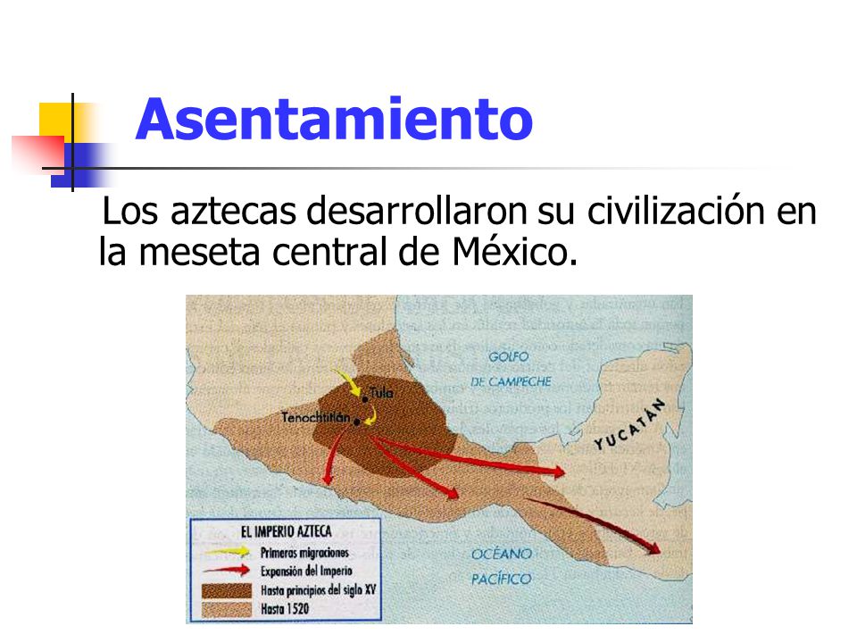Asentamiento Los aztecas desarrollaron su civilización en la meseta central de México.